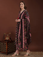 Embroidered & Floral Printed Kurta With Palazzo & Printed Dupatta, Black - Hiral Fashion | Grocsy
