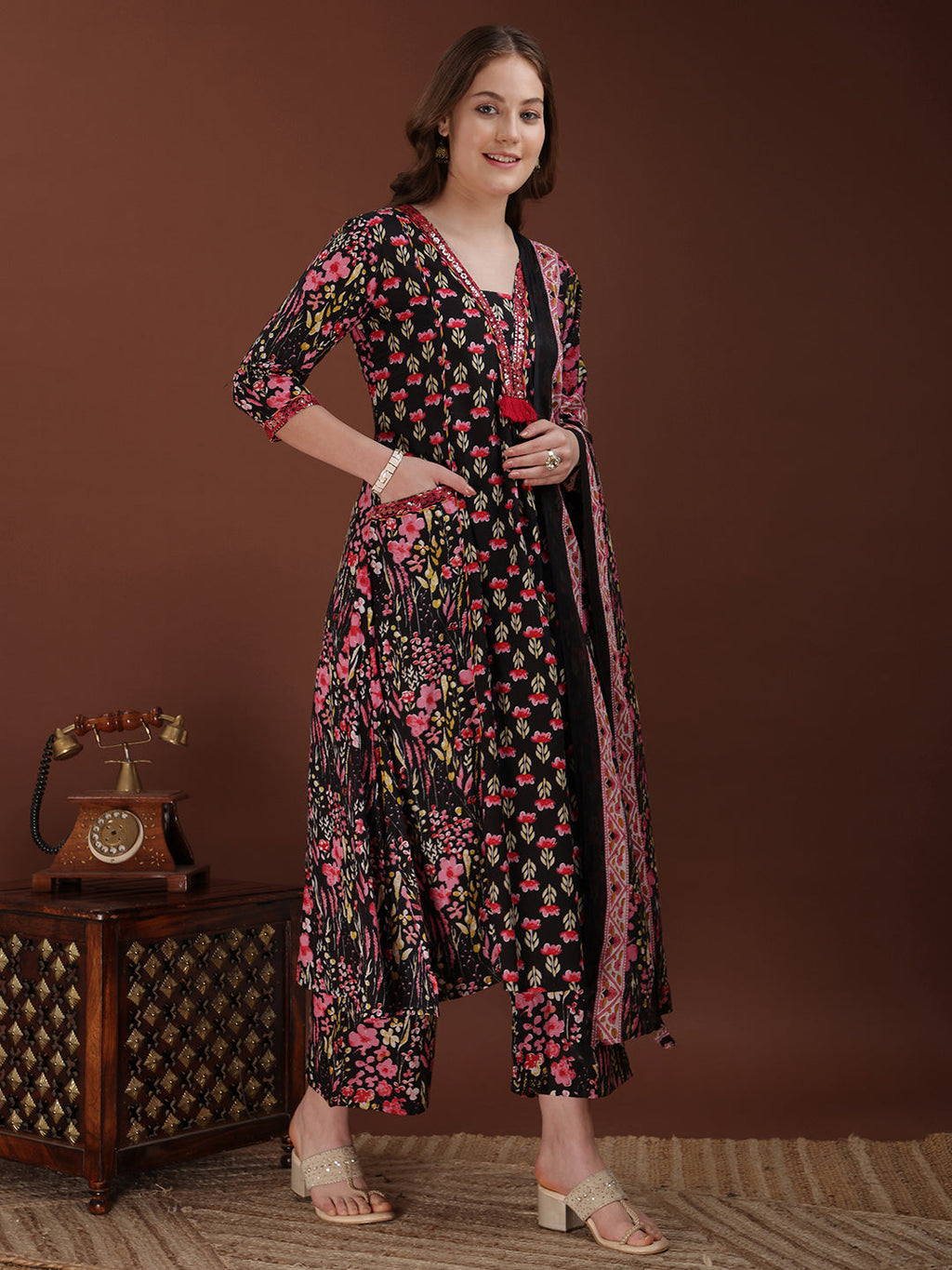 Embroidered & Floral Printed Kurta With Palazzo & Printed Dupatta, Black - Hiral Fashion | Grocsy