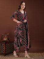 Embroidered & Floral Printed Kurta With Palazzo & Printed Dupatta, Black - Hiral Fashion | Grocsy