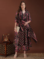 Embroidered & Floral Printed Kurta With Palazzo & Printed Dupatta, Black - Hiral Fashion | Grocsy