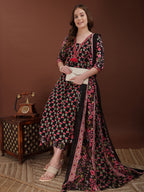 Embroidered & Floral Printed Kurta With Palazzo & Printed Dupatta, Black - Hiral Fashion | Grocsy