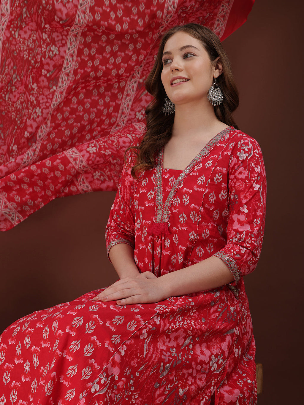 Embroidered & Floral Printed Kurta With Palazzo & Printed Dupatta, Pink - Hiral Fashion | Grocsy