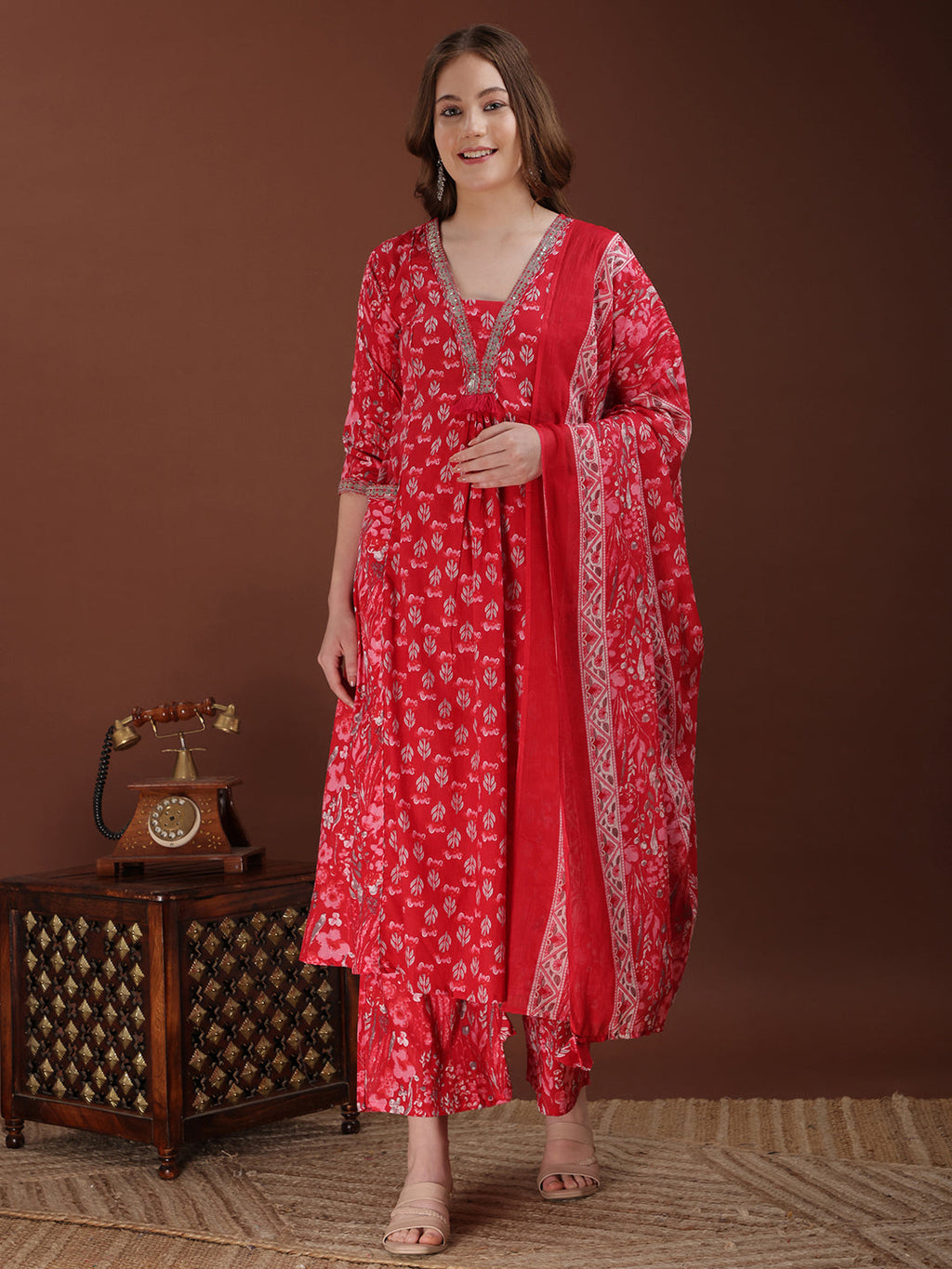 Embroidered & Floral Printed Kurta With Palazzo & Printed Dupatta, Pink - Hiral Fashion | Grocsy