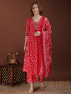 Embroidered & Floral Printed Kurta With Palazzo & Printed Dupatta, Pink - Hiral Fashion | Grocsy