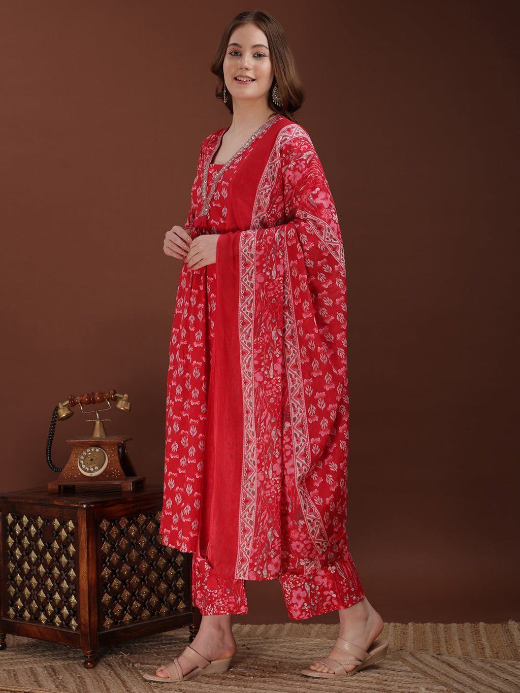 Embroidered & Floral Printed Kurta With Palazzo & Printed Dupatta, Pink - Hiral Fashion | Grocsy