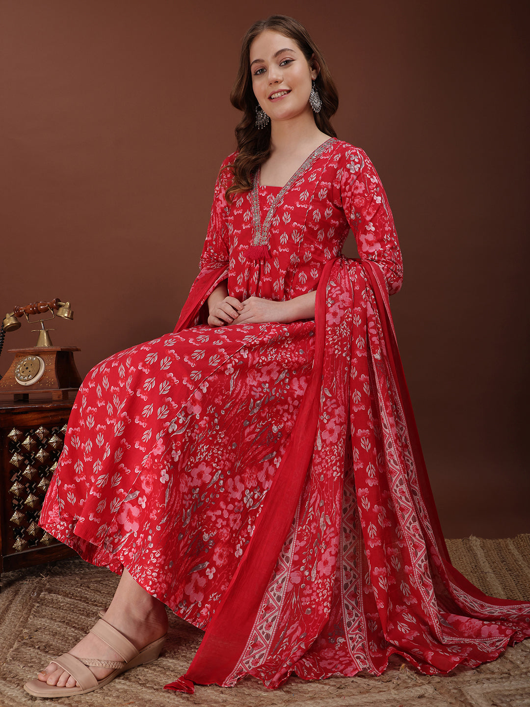 Embroidered & Floral Printed Kurta With Palazzo & Printed Dupatta, Pink - Hiral Fashion | Grocsy