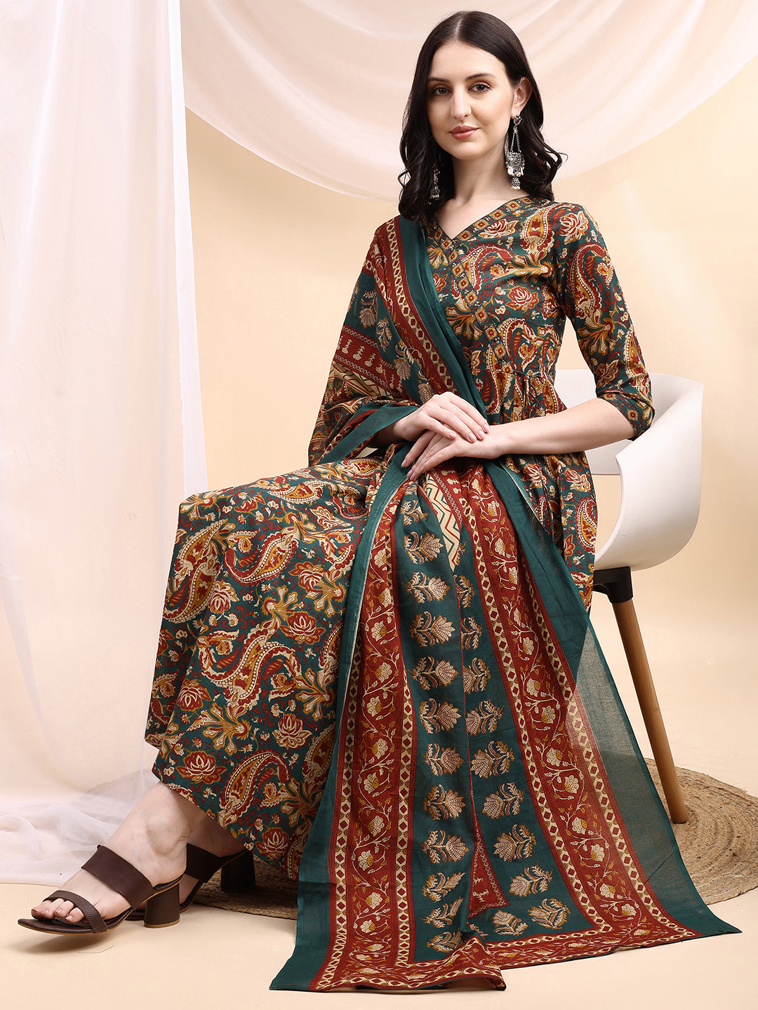 Paisley Printed Angarkha Style Anarkali Kurta With Pant & Dupatta, Bottle-Green - Hiral Fashion | Grocsy