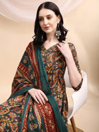 Paisley Printed Angarkha Style Anarkali Kurta With Pant & Dupatta, Bottle-Green - Hiral Fashion | Grocsy