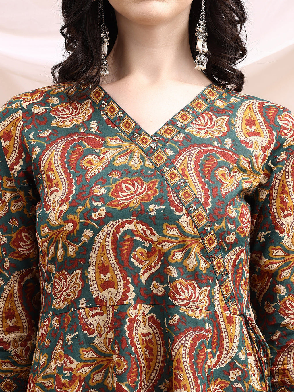 Paisley Printed Angarkha Style Anarkali Kurta With Pant & Dupatta, Bottle-Green - Hiral Fashion | Grocsy