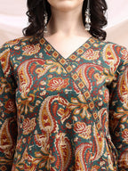 Paisley Printed Angarkha Style Anarkali Kurta With Pant & Dupatta, Bottle-Green - Hiral Fashion | Grocsy
