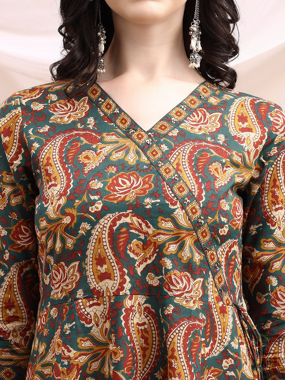 Paisley Printed Angarkha Style Anarkali Kurta With Pant & Dupatta, Bottle-Green - Hiral Fashion | Grocsy