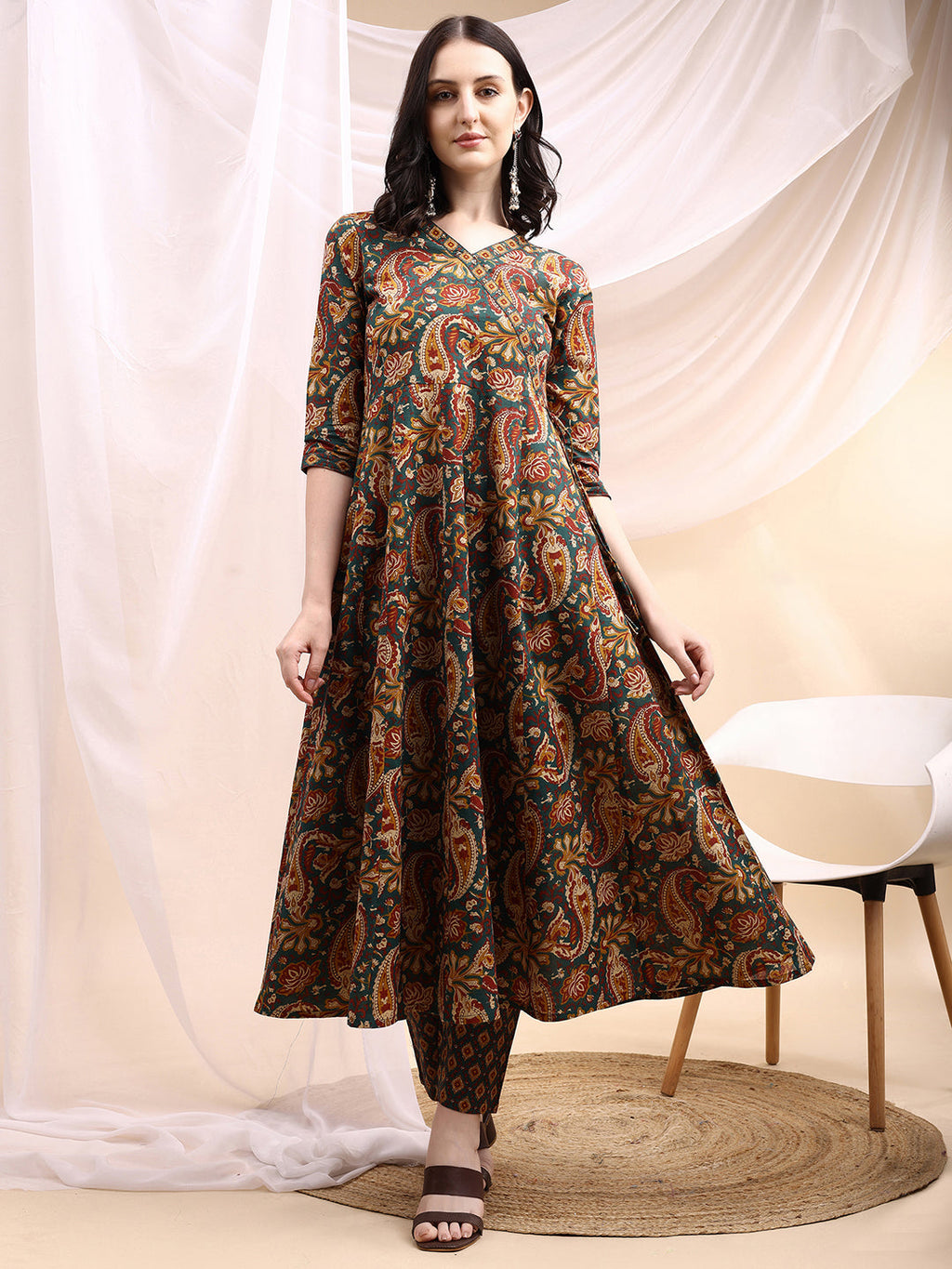 Paisley Printed Angarkha Style Anarkali Kurta With Pant & Dupatta, Bottle-Green - Hiral Fashion | Grocsy