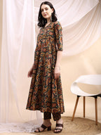 Paisley Printed Angarkha Style Anarkali Kurta With Pant & Dupatta, Bottle-Green - Hiral Fashion | Grocsy