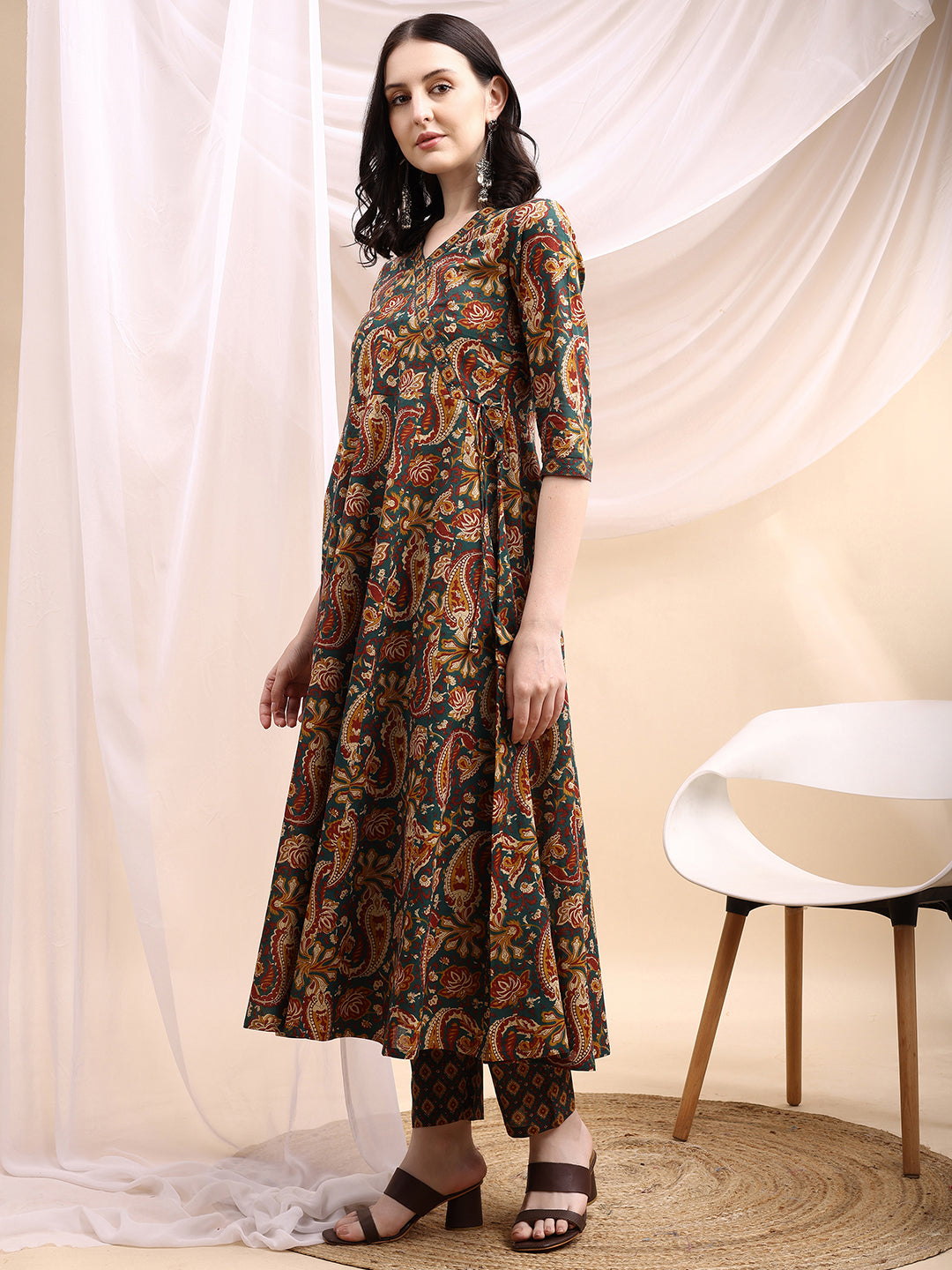 Paisley Printed Angarkha Style Anarkali Kurta With Pant & Dupatta, Bottle-Green - Hiral Fashion | Grocsy