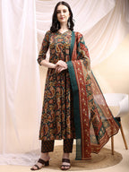 Paisley Printed Angarkha Style Anarkali Kurta With Pant & Dupatta, Bottle-Green - Hiral Fashion | Grocsy