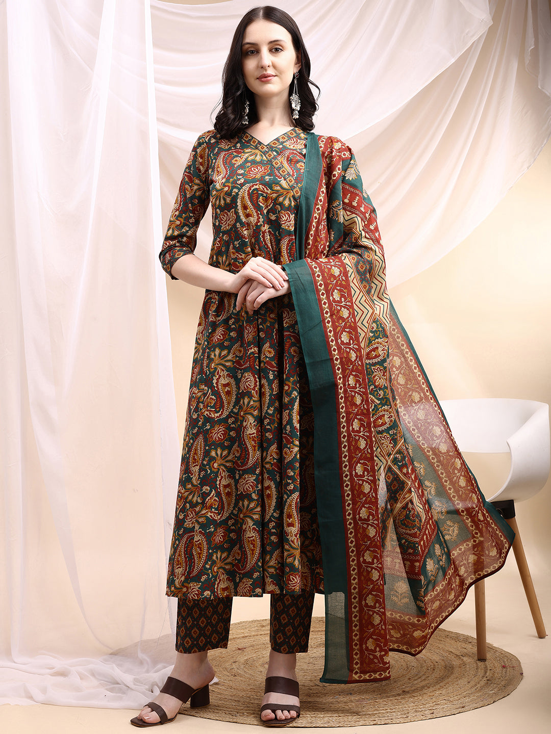 Paisley Printed Angarkha Style Anarkali Kurta With Pant & Dupatta, Bottle-Green - Hiral Fashion | Grocsy