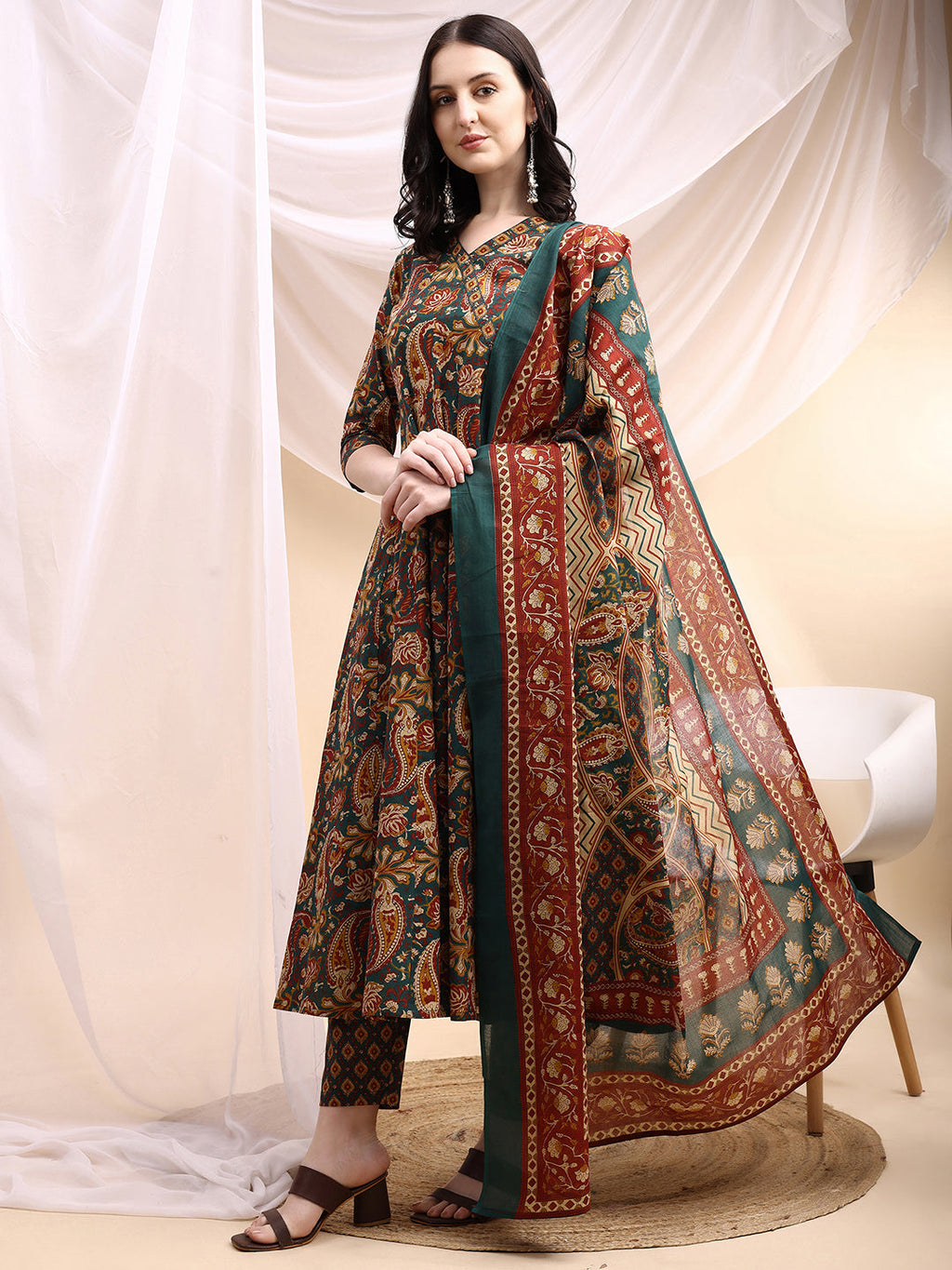 Paisley Printed Angarkha Style Anarkali Kurta With Pant & Dupatta, Bottle-Green - Hiral Fashion | Grocsy