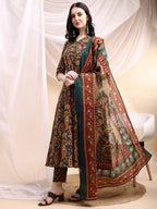 Paisley Printed Angarkha Style Anarkali Kurta With Pant & Dupatta, Bottle-Green - Hiral Fashion | Grocsy