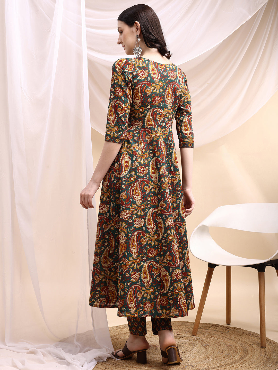 Paisley Printed Angarkha Style Anarkali Kurta With Pant & Dupatta, Bottle-Green - Hiral Fashion | Grocsy