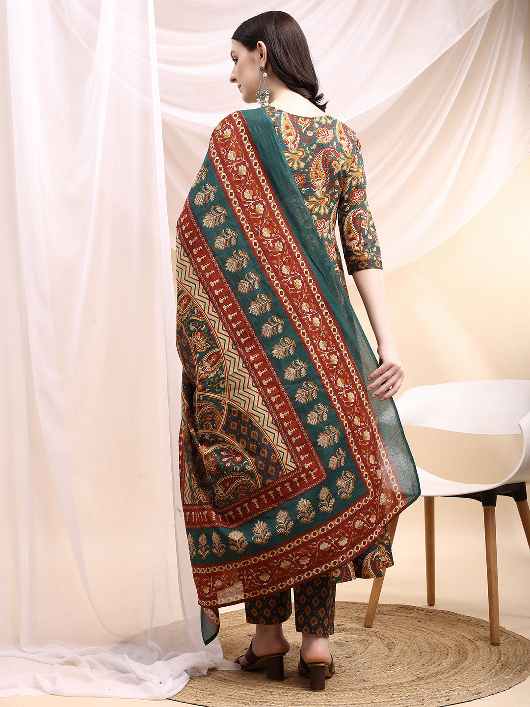 Paisley Printed Angarkha Style Anarkali Kurta With Pant & Dupatta, Bottle-Green - Hiral Fashion | Grocsy