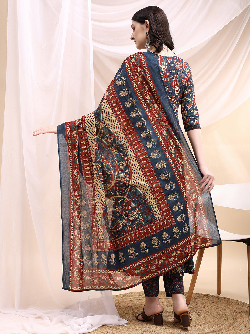Paisley Printed Angarkha Style Anarkali Kurta With Pant & Dupatta, Navy Blue - Hiral Fashion | Grocsy
