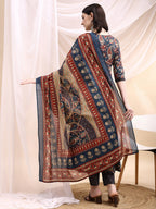 Paisley Printed Angarkha Style Anarkali Kurta With Pant & Dupatta, Navy Blue - Hiral Fashion | Grocsy