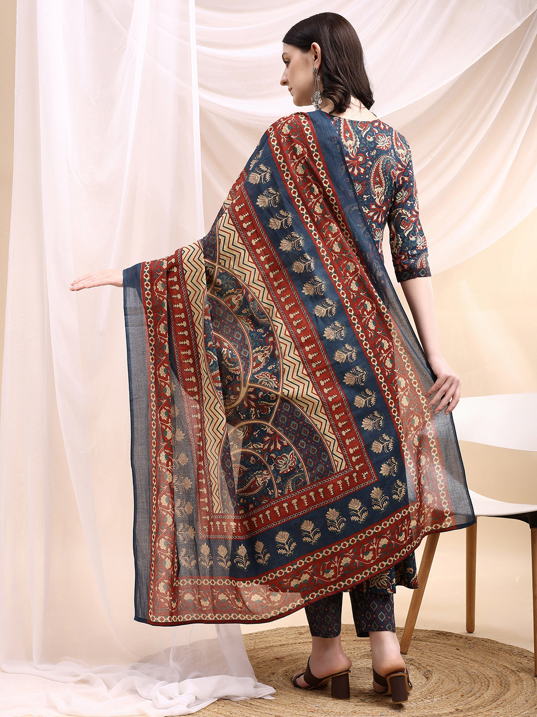 Paisley Printed Angarkha Style Anarkali Kurta With Pant & Dupatta, Navy Blue - Hiral Fashion | Grocsy