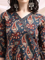 Paisley Printed Angarkha Style Anarkali Kurta With Pant & Dupatta, Navy Blue - Hiral Fashion | Grocsy