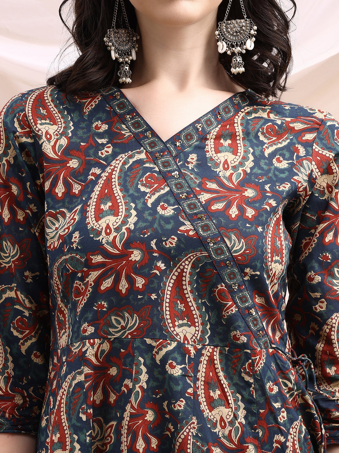 Paisley Printed Angarkha Style Anarkali Kurta With Pant & Dupatta, Navy Blue - Hiral Fashion | Grocsy