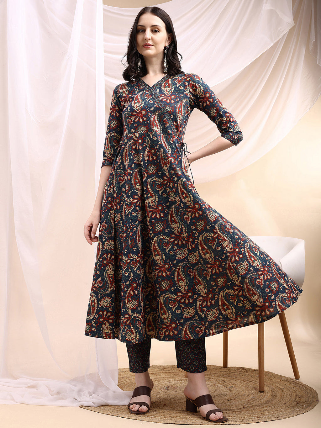Paisley Printed Angarkha Style Anarkali Kurta With Pant & Dupatta, Navy Blue - Hiral Fashion | Grocsy