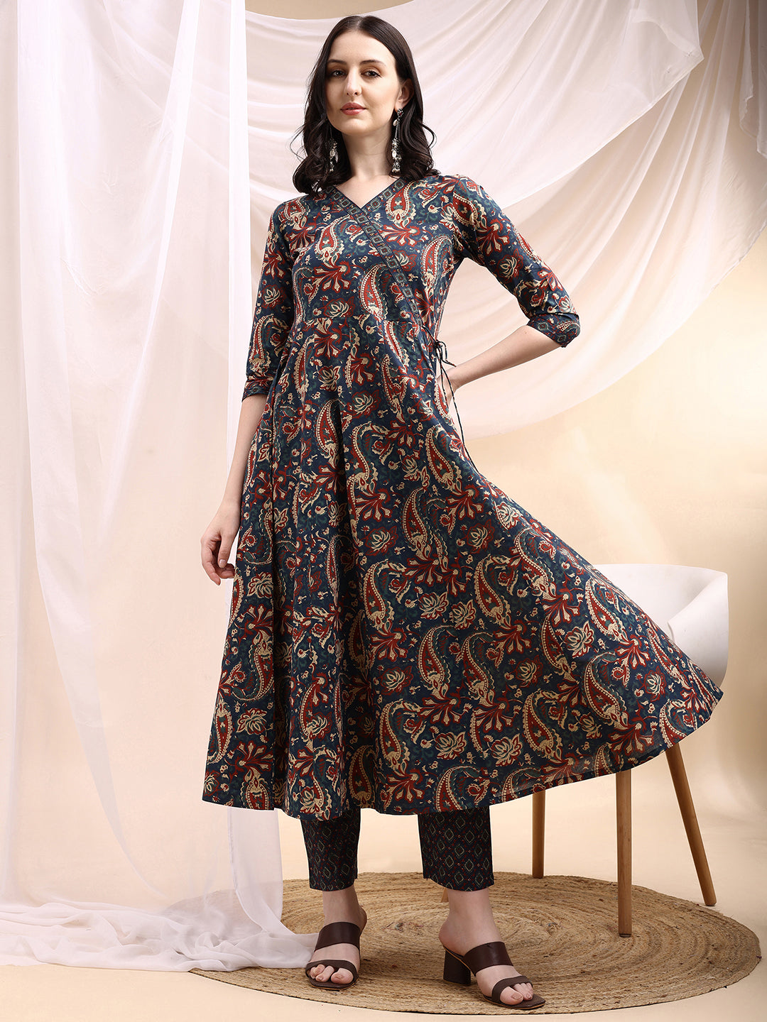 Paisley Printed Angarkha Style Anarkali Kurta With Pant & Dupatta, Navy Blue - Hiral Fashion | Grocsy