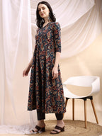 Paisley Printed Angarkha Style Anarkali Kurta With Pant & Dupatta, Navy Blue - Hiral Fashion | Grocsy