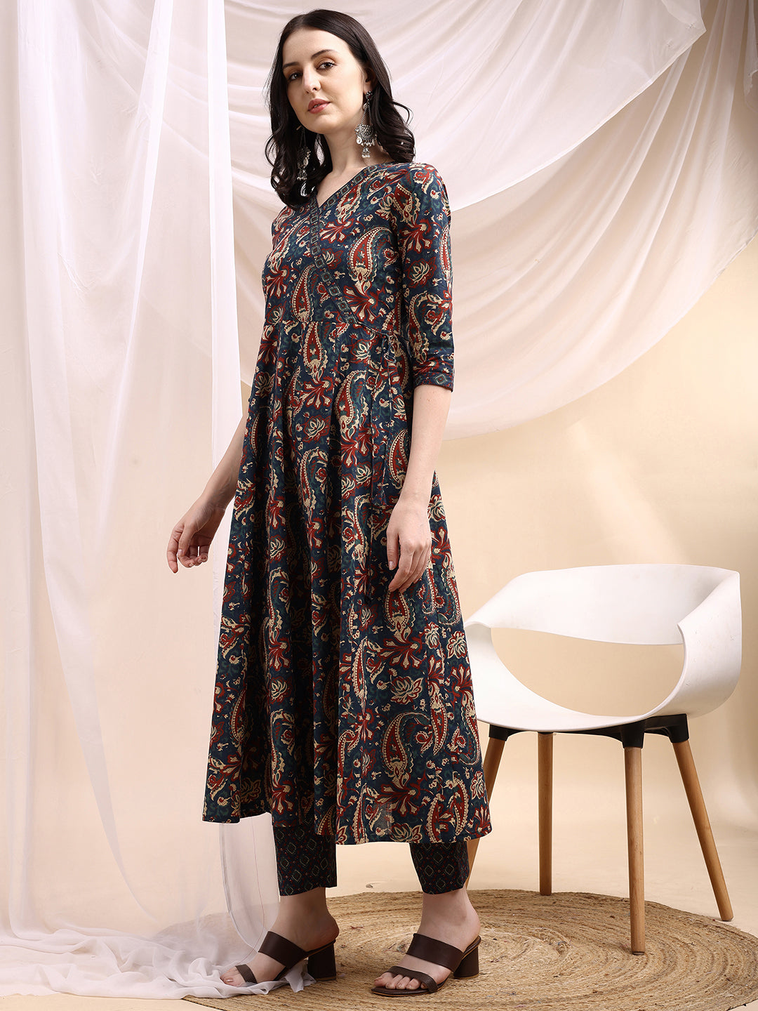 Paisley Printed Angarkha Style Anarkali Kurta With Pant & Dupatta, Navy Blue - Hiral Fashion | Grocsy