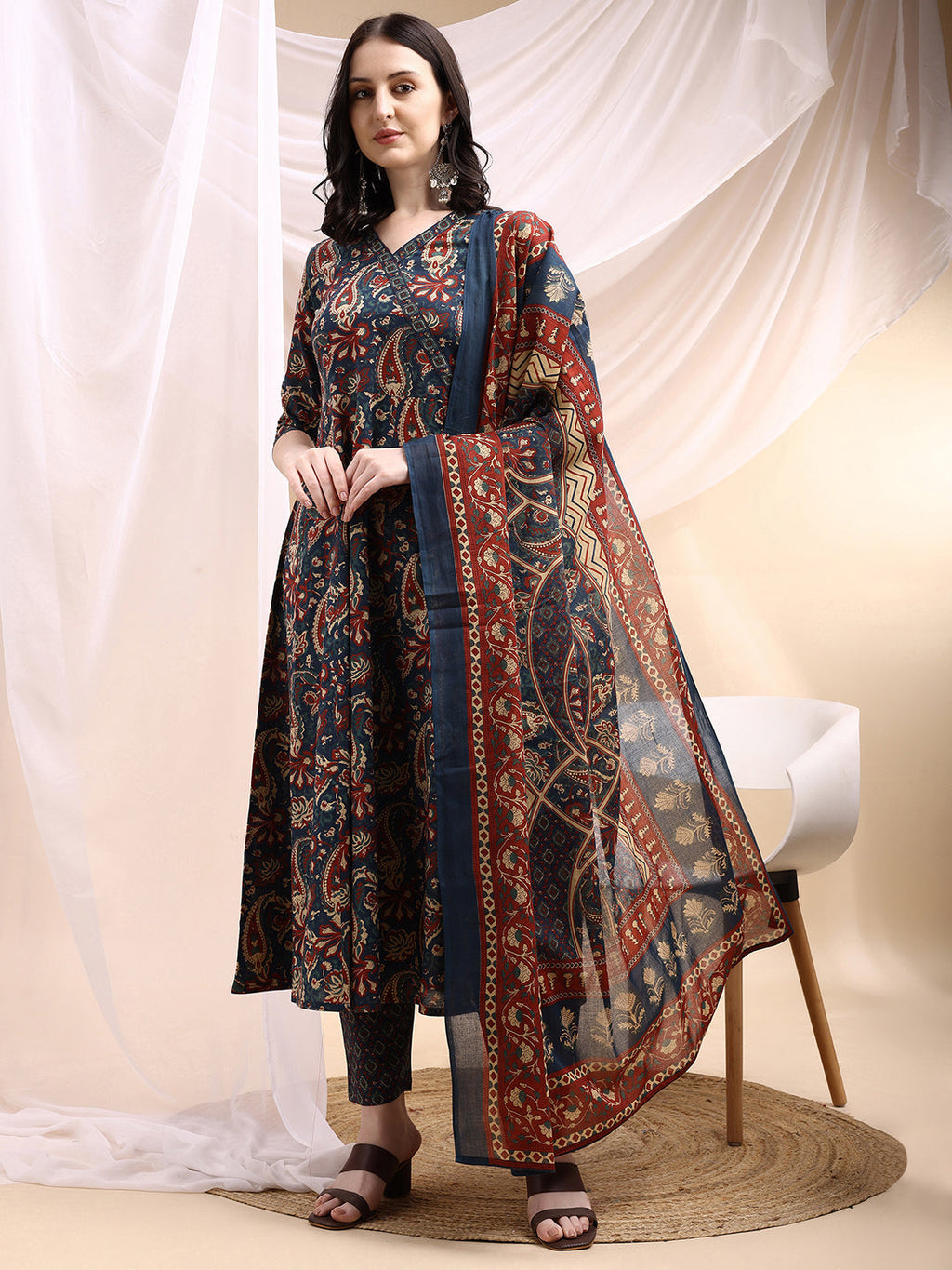 Paisley Printed Angarkha Style Anarkali Kurta With Pant & Dupatta, Navy Blue - Hiral Fashion | Grocsy