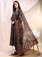 Paisley Printed Angarkha Style Anarkali Kurta With Pant & Dupatta, Navy Blue - Hiral Fashion | Grocsy
