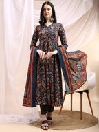 Paisley Printed Angarkha Style Anarkali Kurta With Pant & Dupatta, Navy Blue - Hiral Fashion | Grocsy