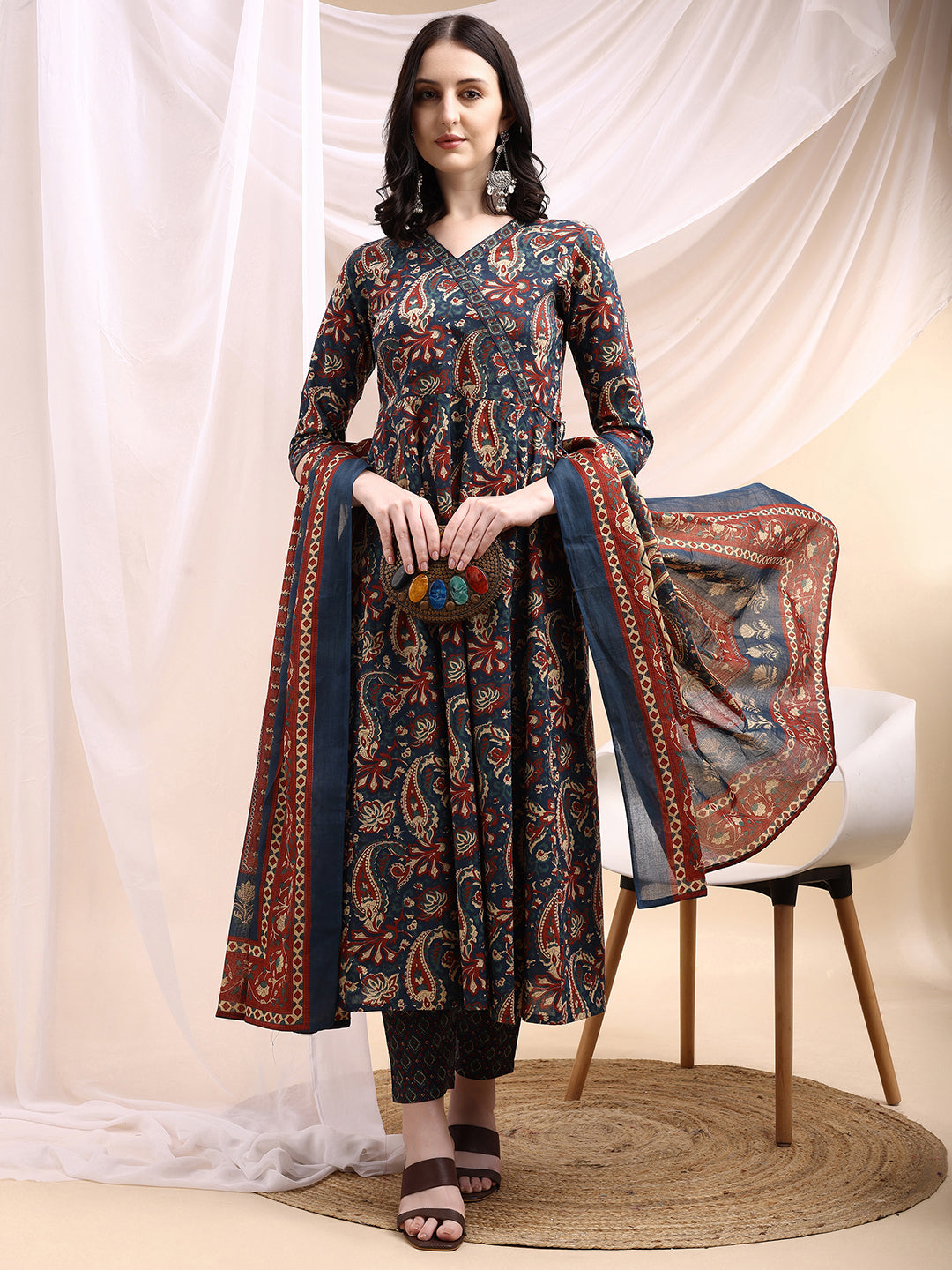 Paisley Printed Angarkha Style Anarkali Kurta With Pant & Dupatta, Navy Blue - Hiral Fashion | Grocsy