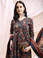 Paisley Printed Angarkha Style Anarkali Kurta With Pant & Dupatta, Navy Blue - Hiral Fashion | Grocsy