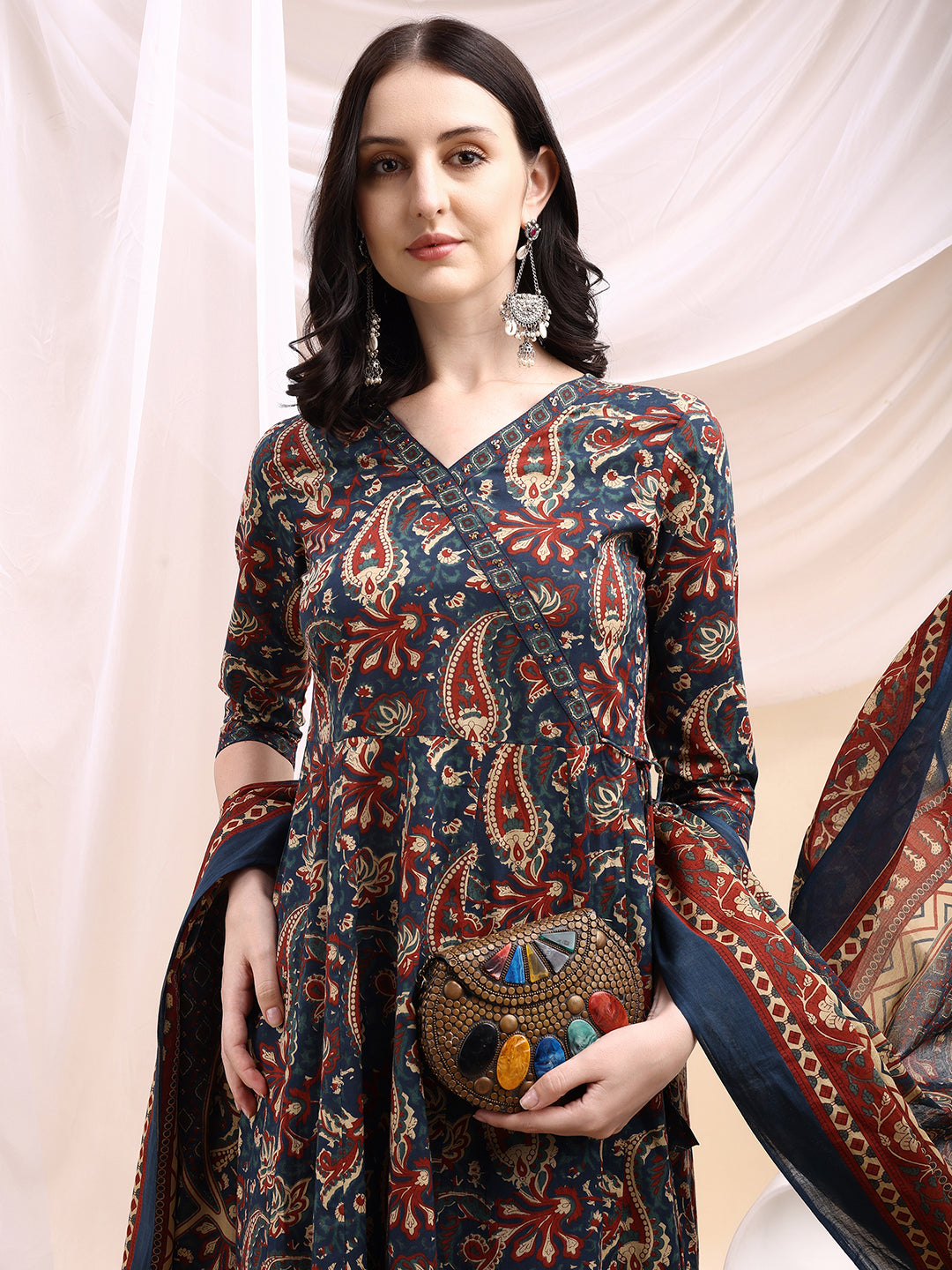Paisley Printed Angarkha Style Anarkali Kurta With Pant & Dupatta, Navy Blue - Hiral Fashion | Grocsy