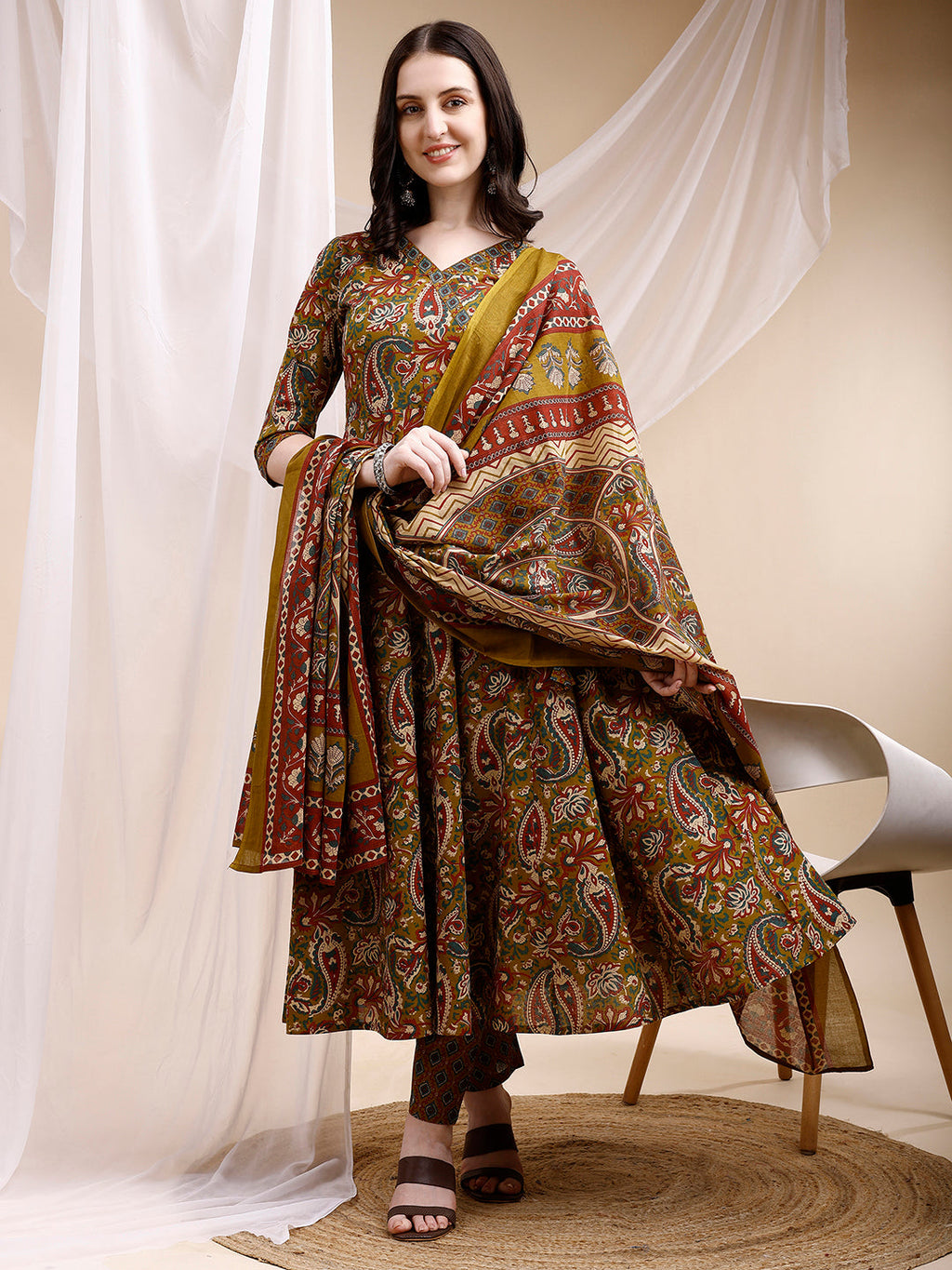 Paisley Printed Angarkha Style Anarkali Kurta With Pant & Dupatta, Olive - Hiral Fashion | Grocsy