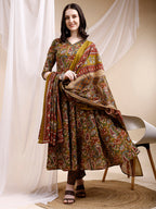 Paisley Printed Angarkha Style Anarkali Kurta With Pant & Dupatta, Olive - Hiral Fashion | Grocsy