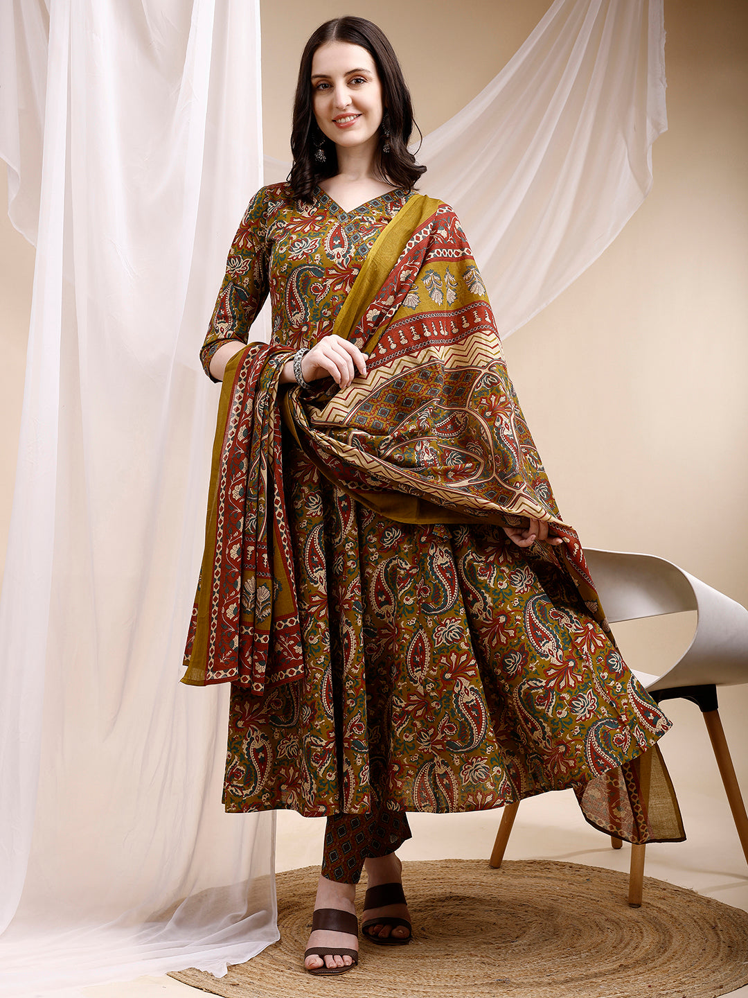 Paisley Printed Angarkha Style Anarkali Kurta With Pant & Dupatta, Olive - Hiral Fashion | Grocsy