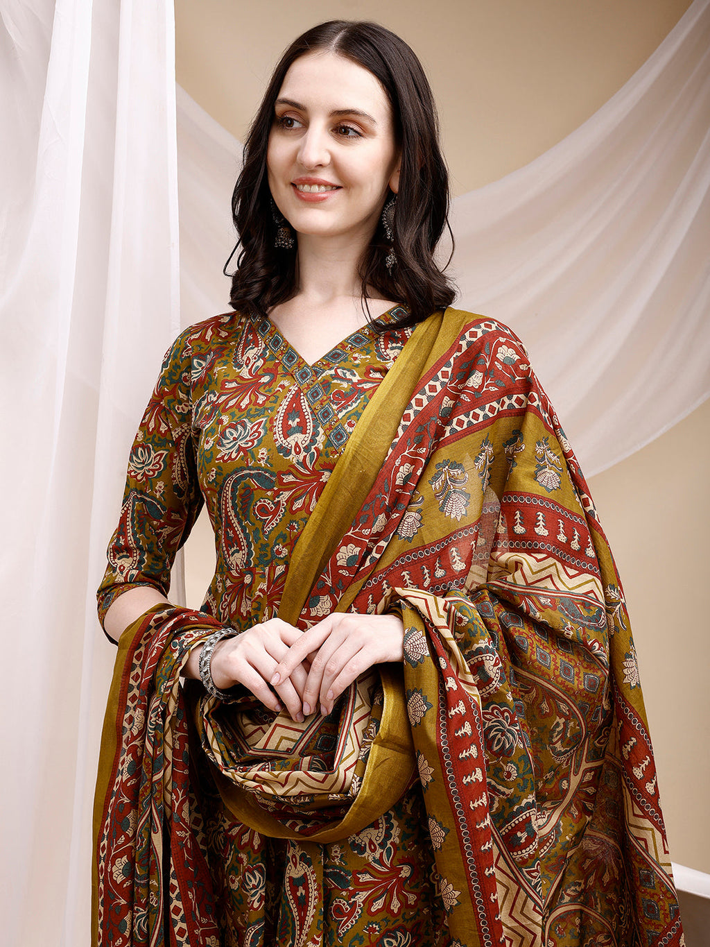 Paisley Printed Angarkha Style Anarkali Kurta With Pant & Dupatta, Olive - Hiral Fashion | Grocsy