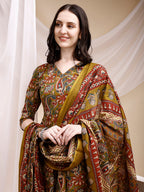 Paisley Printed Angarkha Style Anarkali Kurta With Pant & Dupatta, Olive - Hiral Fashion | Grocsy