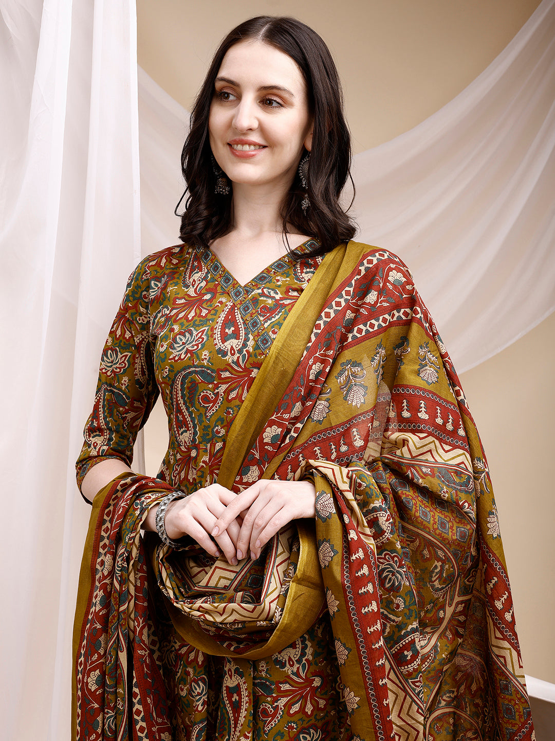 Paisley Printed Angarkha Style Anarkali Kurta With Pant & Dupatta, Olive - Hiral Fashion | Grocsy