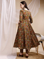 Paisley Printed Angarkha Style Anarkali Kurta With Pant & Dupatta, Olive - Hiral Fashion | Grocsy