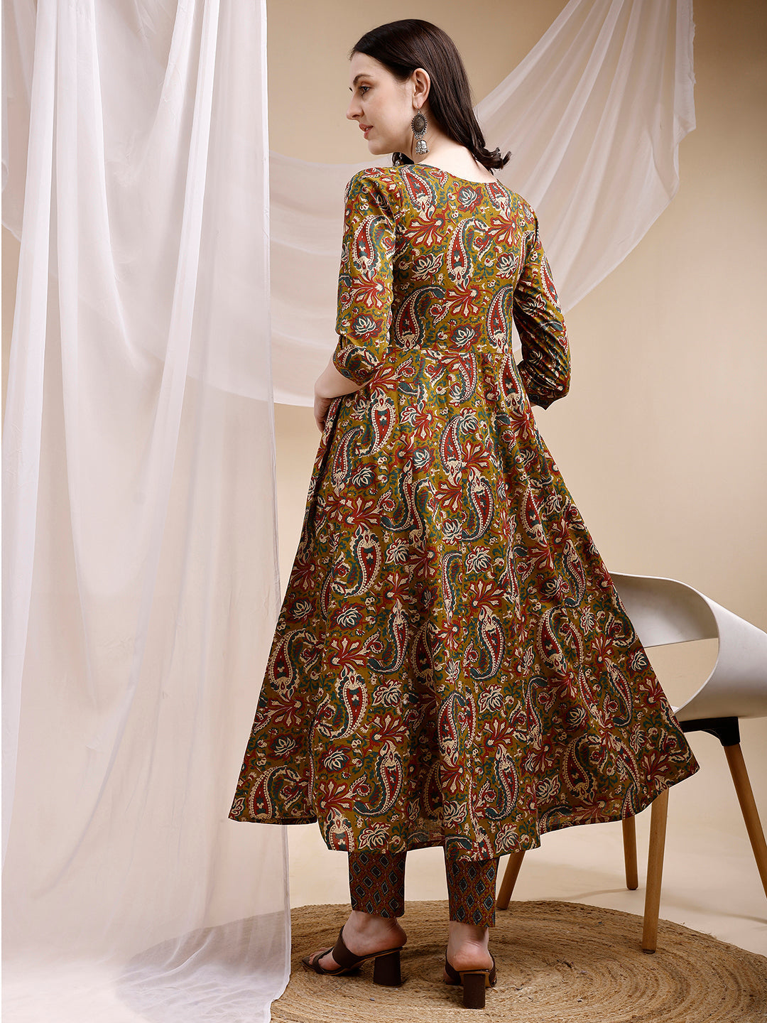 Paisley Printed Angarkha Style Anarkali Kurta With Pant & Dupatta, Olive - Hiral Fashion | Grocsy