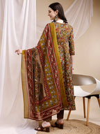 Paisley Printed Angarkha Style Anarkali Kurta With Pant & Dupatta, Olive - Hiral Fashion | Grocsy