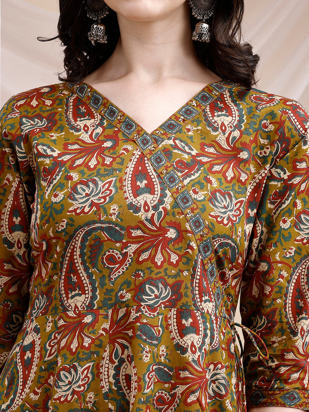 Paisley Printed Angarkha Style Anarkali Kurta With Pant & Dupatta, Olive - Hiral Fashion | Grocsy