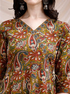 Paisley Printed Angarkha Style Anarkali Kurta With Pant & Dupatta, Olive - Hiral Fashion | Grocsy